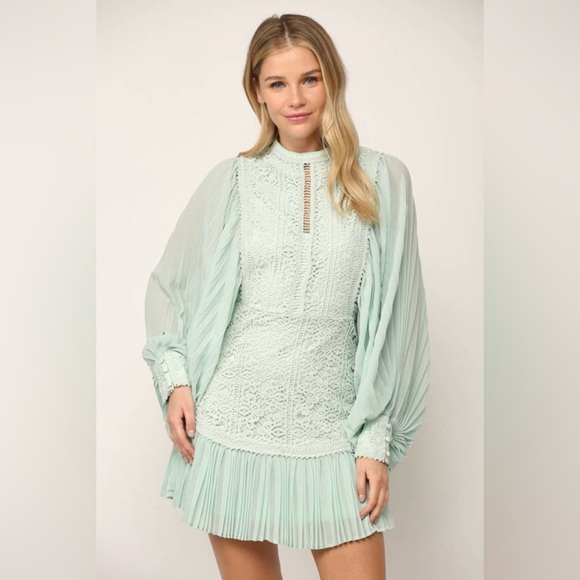 Pleated Volume Sleeve Lace Mini Dress|Statement Long Sleeve Party Dress|S–M - Picture 8 of 12